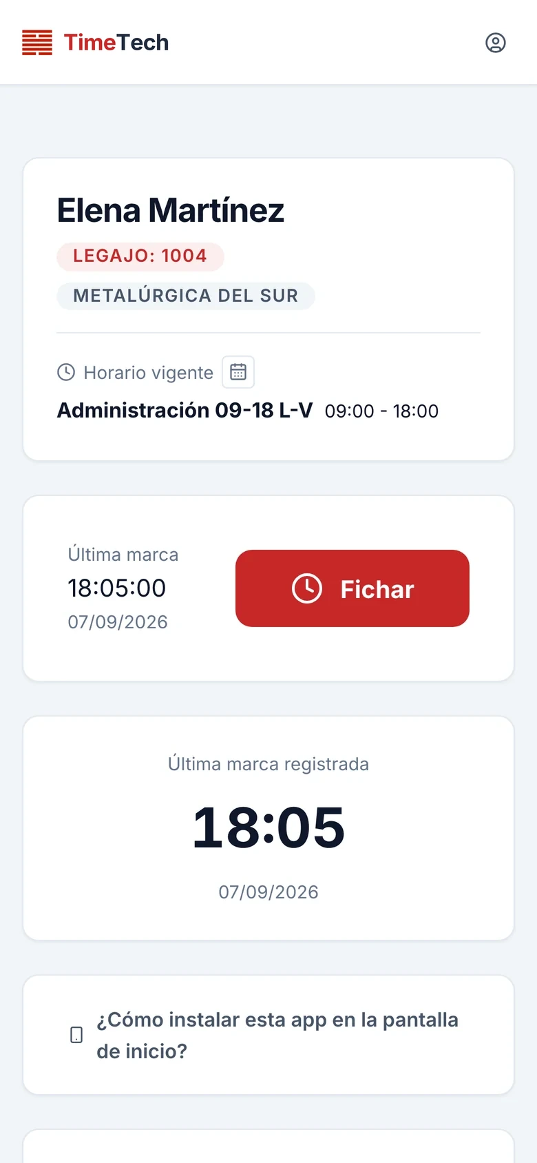 Portal del empleado en el celular, con el horario vigente y el botón Fichar